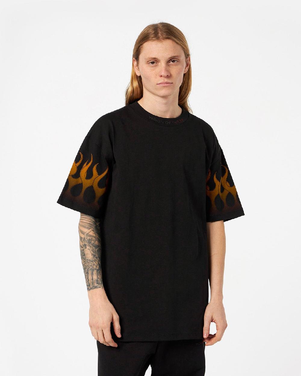 Vision Of Super BLACK T-SHIRT WITH ORANGE FLAMES Qualità