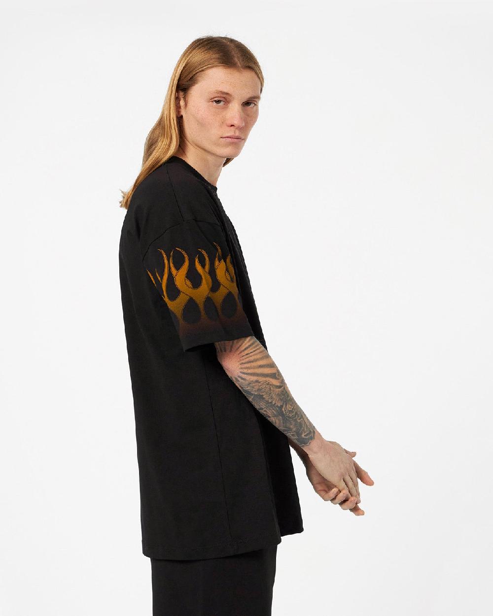 Vision Of Super BLACK T-SHIRT WITH ORANGE FLAMES Qualità