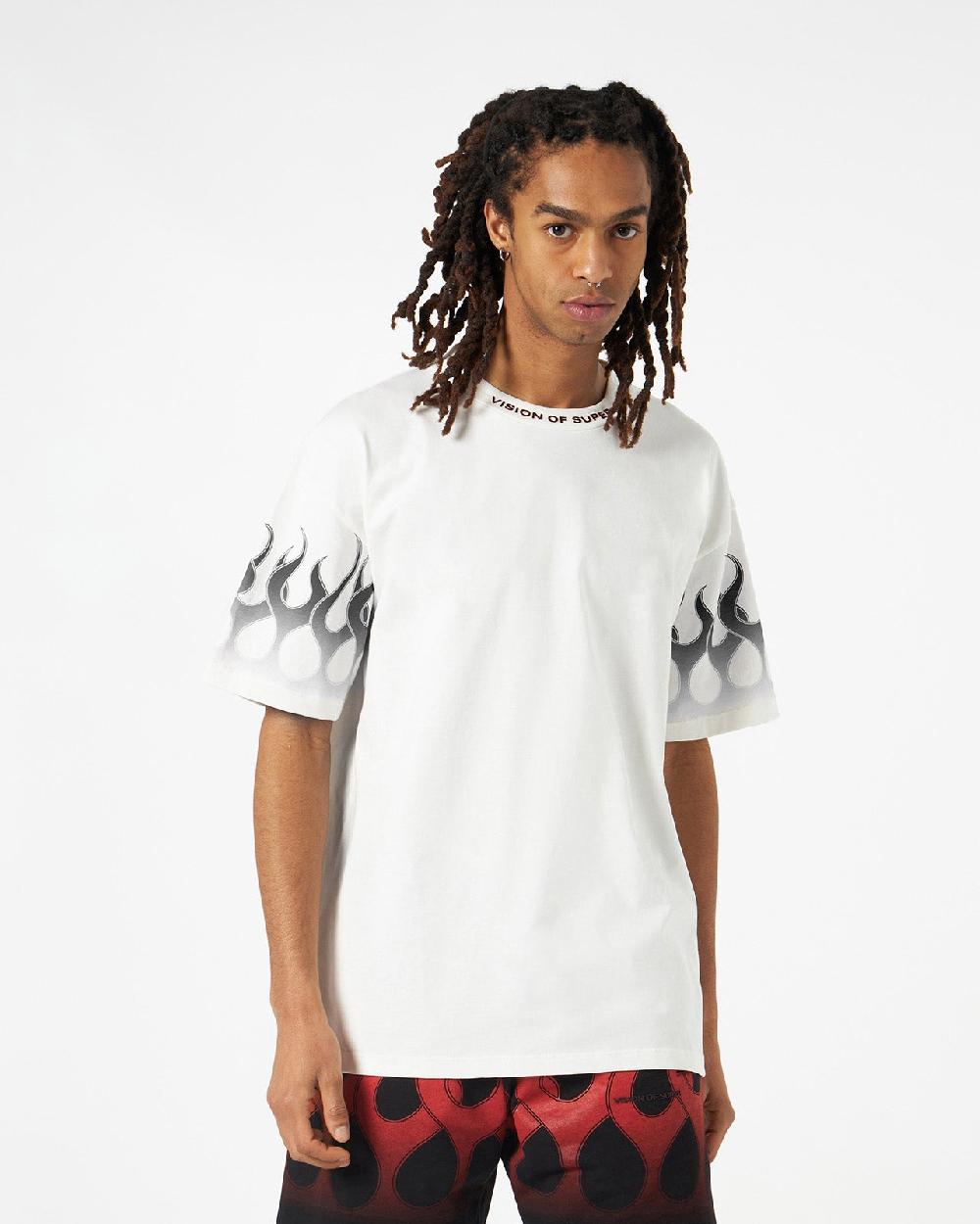 Vision Of Super WHITE T-SHIRT WITH BLACK FLAMES Promozione