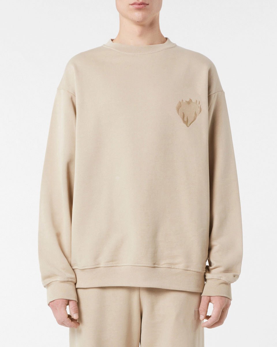 Vision Of Super LIGHT BROWN CREWNECK WITH EMBROIDERED FLAMING HEART Shopping Online