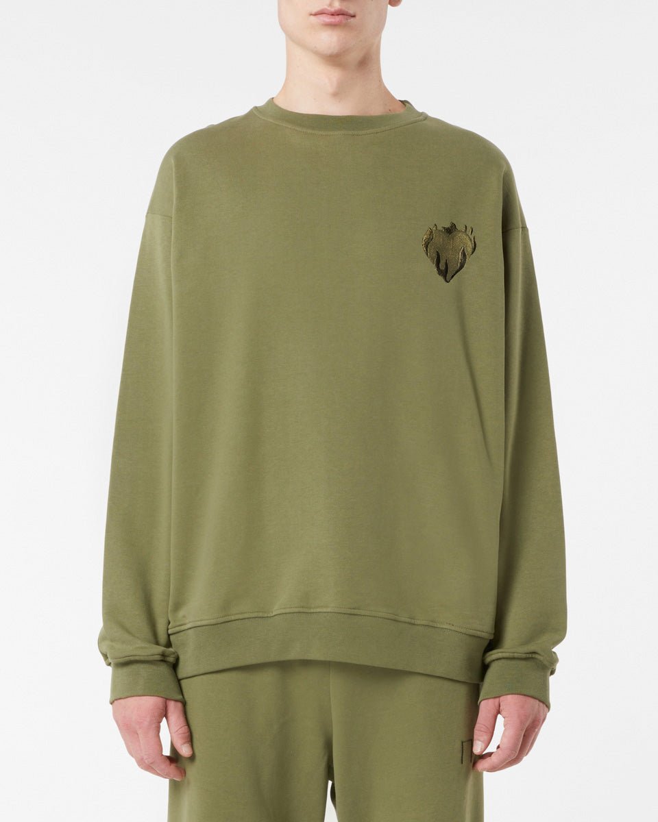 Vision Of Super GREEN CREWNECK WITH EMBROIDERED FLAMING HEART Economico