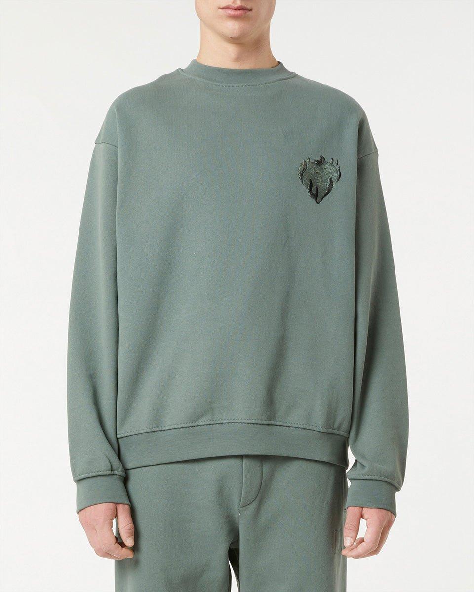 Vision Of Super BALSAM GREEN CREWNECK WITH EMBROIDERED FLAMING HEART Negozi Online
