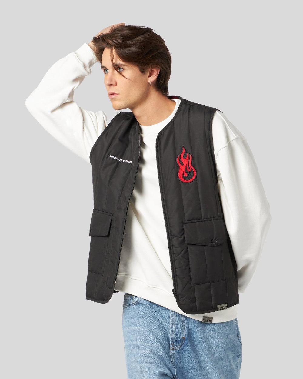 Vision Of Super BLACK GILET WITH VOS GRAPHICS PATCHES AND LOGO Sconto