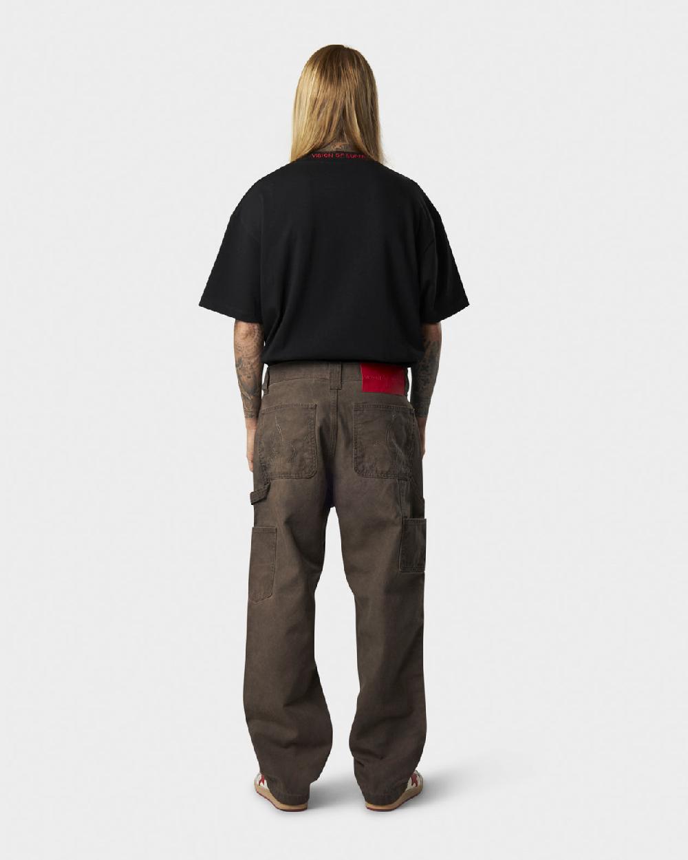 Vision Of Super BROWN WASHED DENIM WITH EMBROIDERED FLAMES ON POCKET AND RED LABEL Online