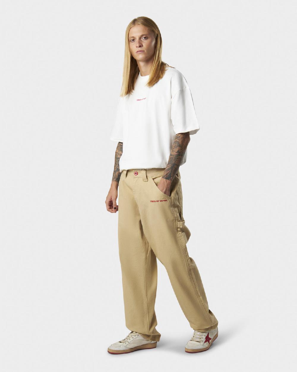 Vision Of Super BEIGE WORKER DENIM WITH EMBROIDERED FLAMES ON POCKETS AND RED NEW BIG LABEL Hotsell