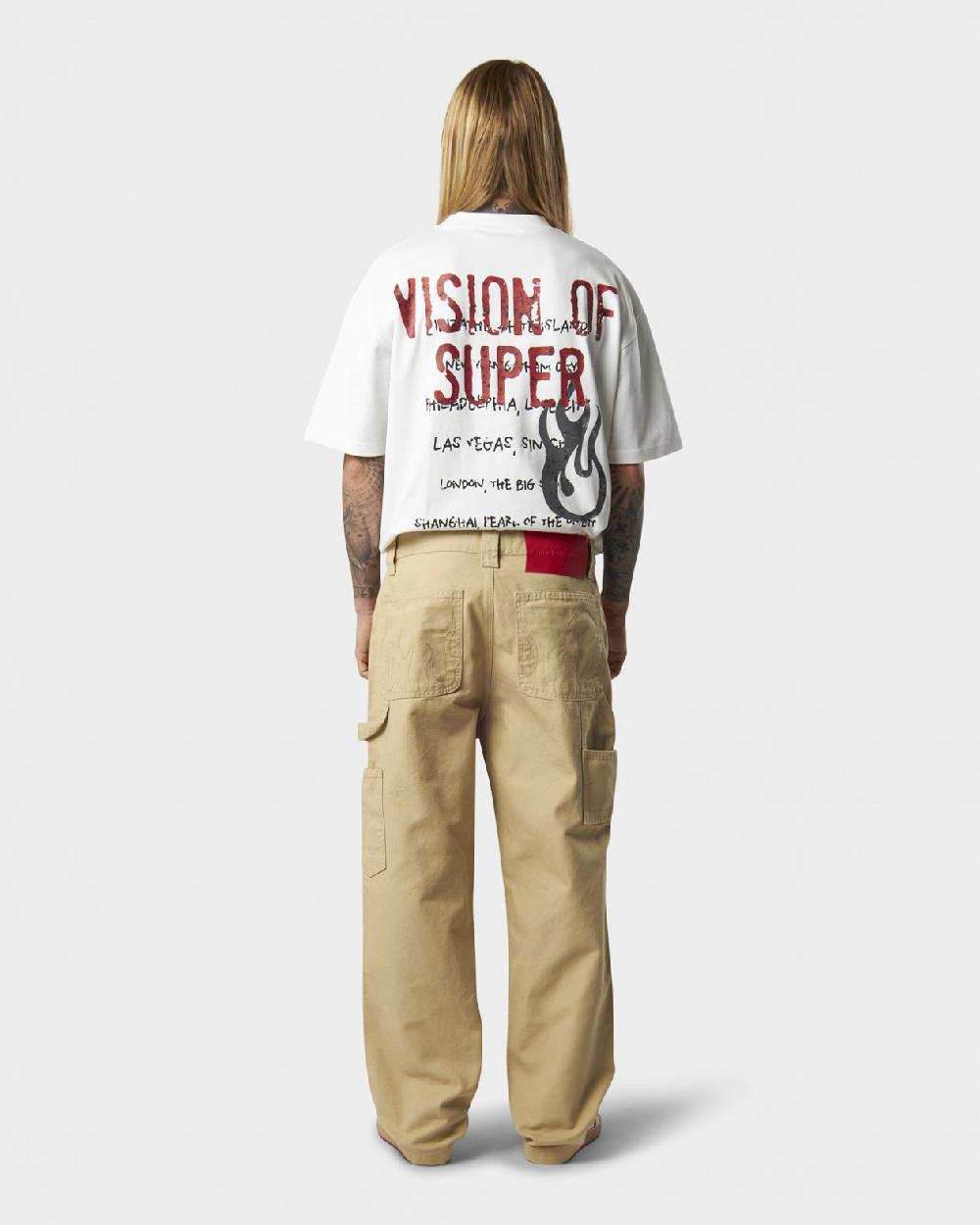 Vision Of Super BEIGE WORKER DENIM WITH EMBROIDERED FLAMES ON POCKETS AND RED NEW BIG LABEL Hotsell