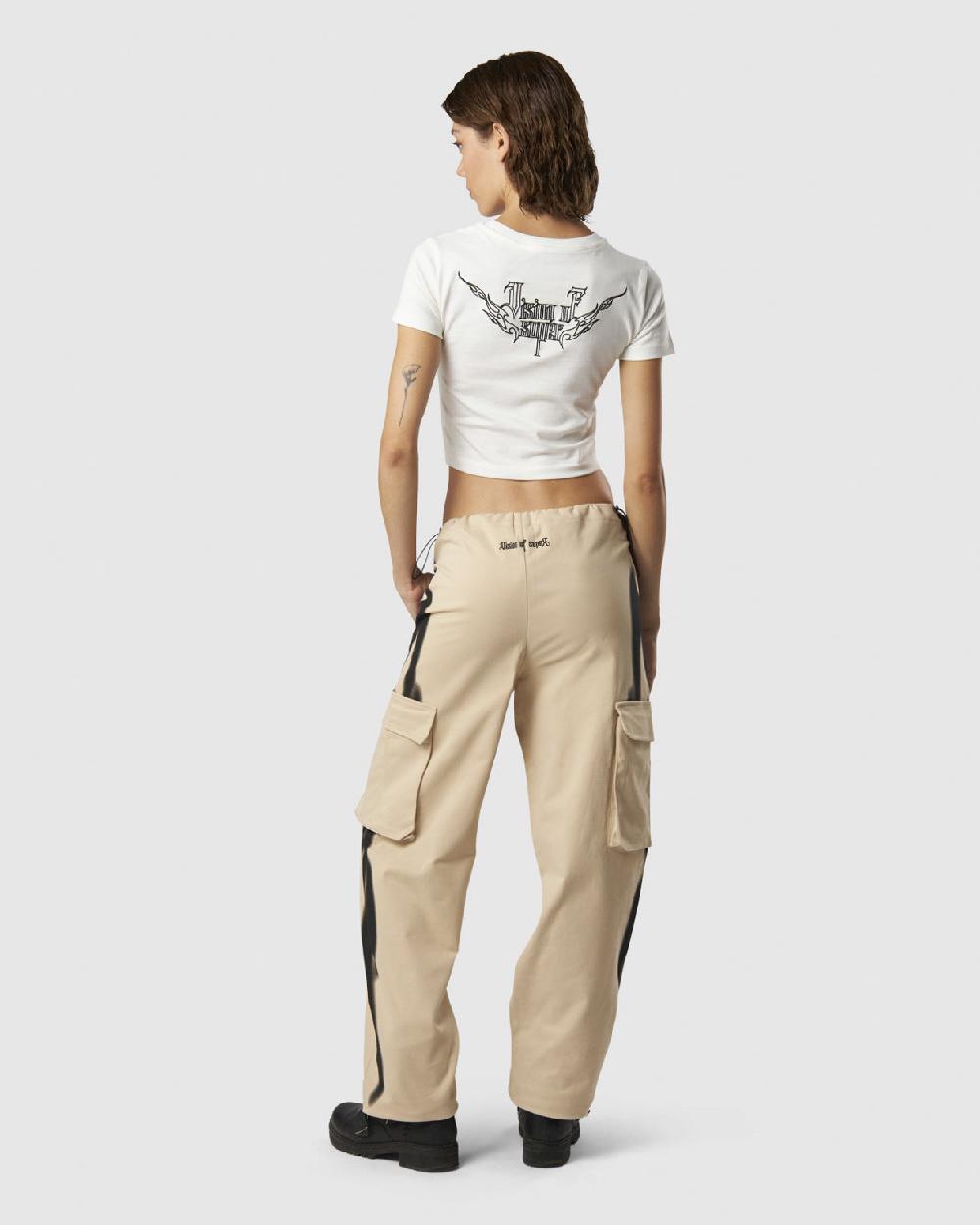 Vision Of Super LIGHT SAND CARGO PANTS WITH EMBROIDERED TRIBAL LOGO ON BACK AND PRINTED TRIBAL FLAMES ON SIDES Vendita Calda