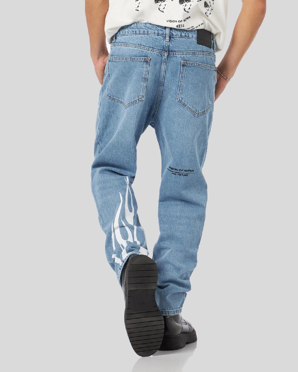 Vision Of Super BLUE DENIM JEANS WITH PRINTED FLAMES AND LOGO Vendite Flash