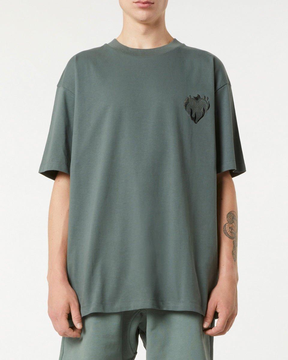 Vision Of Super BALSAM GREEN T-SHIRT WITH EMBROIDERED FLAMING HEART Nuovo