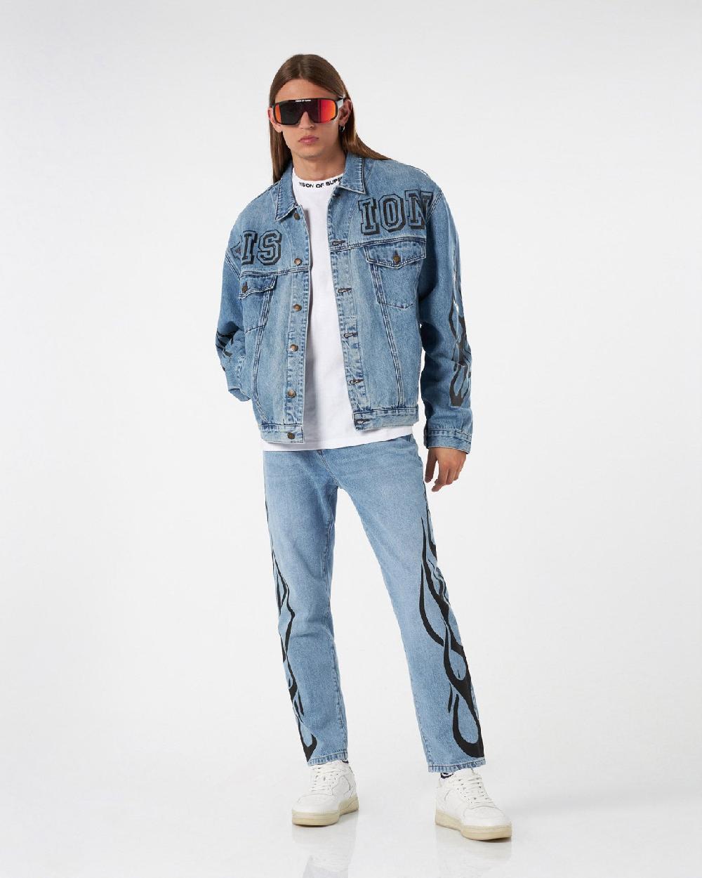 Vision Of Super BLUE DENIM JACKET WITH BLACK TRIBAL FLAMES Soddisfazione Garantita