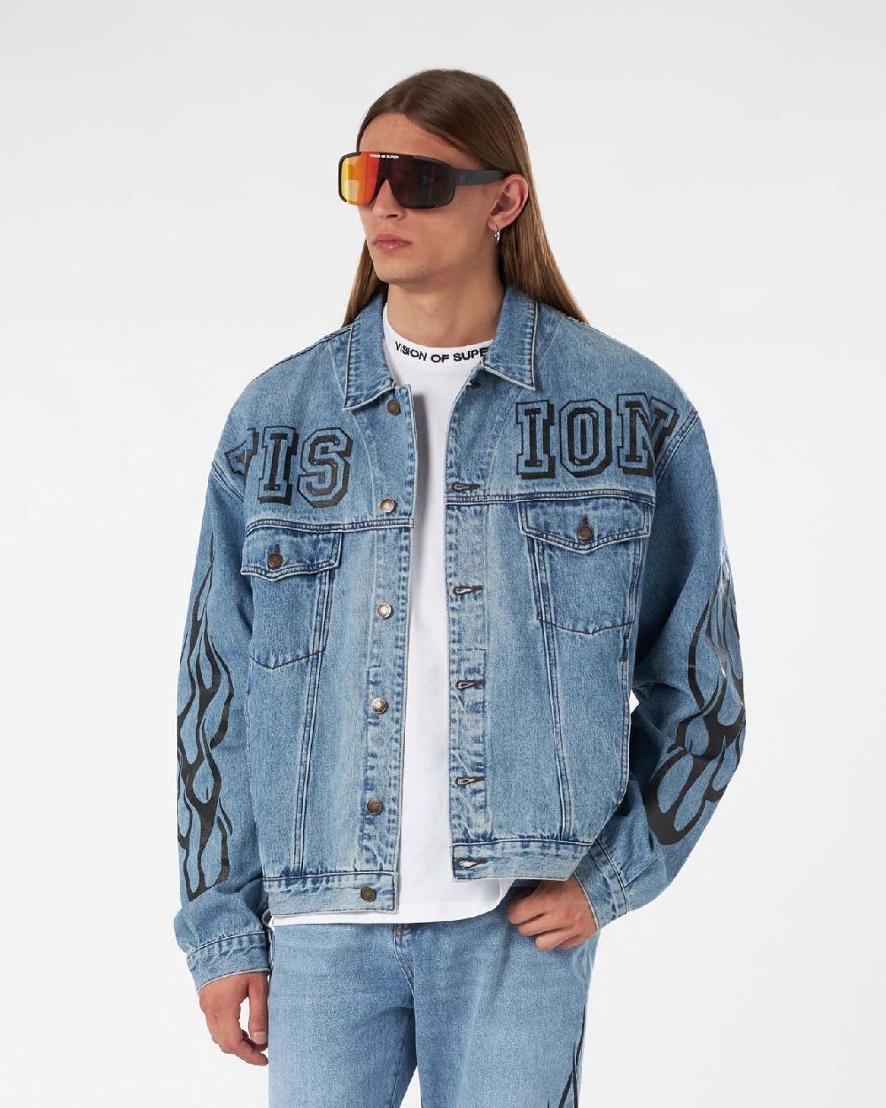 Vision Of Super BLUE DENIM JACKET WITH BLACK TRIBAL FLAMES Soddisfazione Garantita