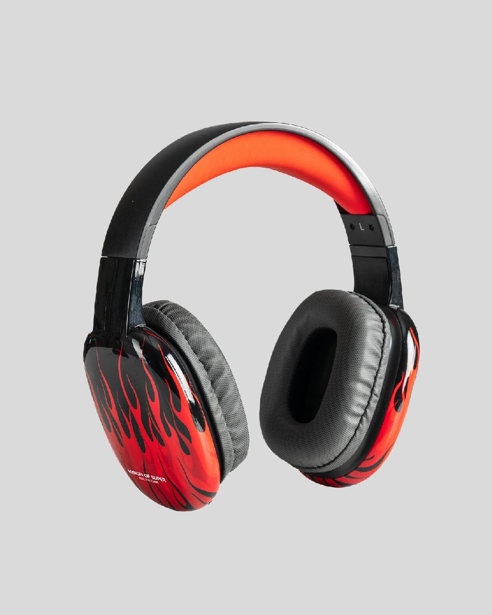 Vision Of Super BLACK HEADPHONES WITH RED FLAMES AND WHITE LOGO Promozione Limitata