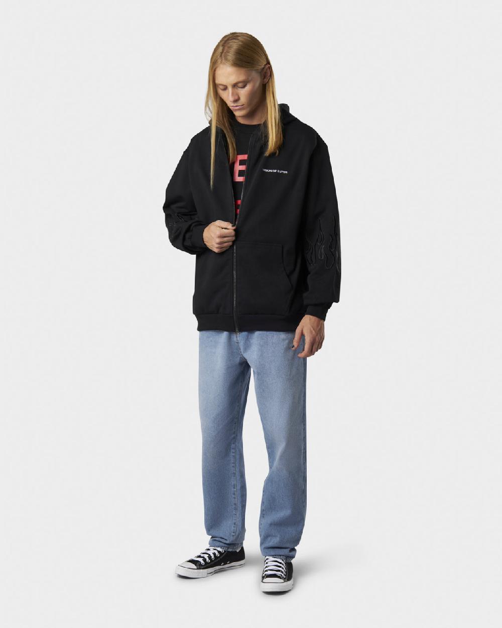 Vision Of Super BLACK HOODIE ZIP WITH EMBROIDERED WHITE LOGO BLACK FLAMES AND METAL LABEL + BUTTON Online