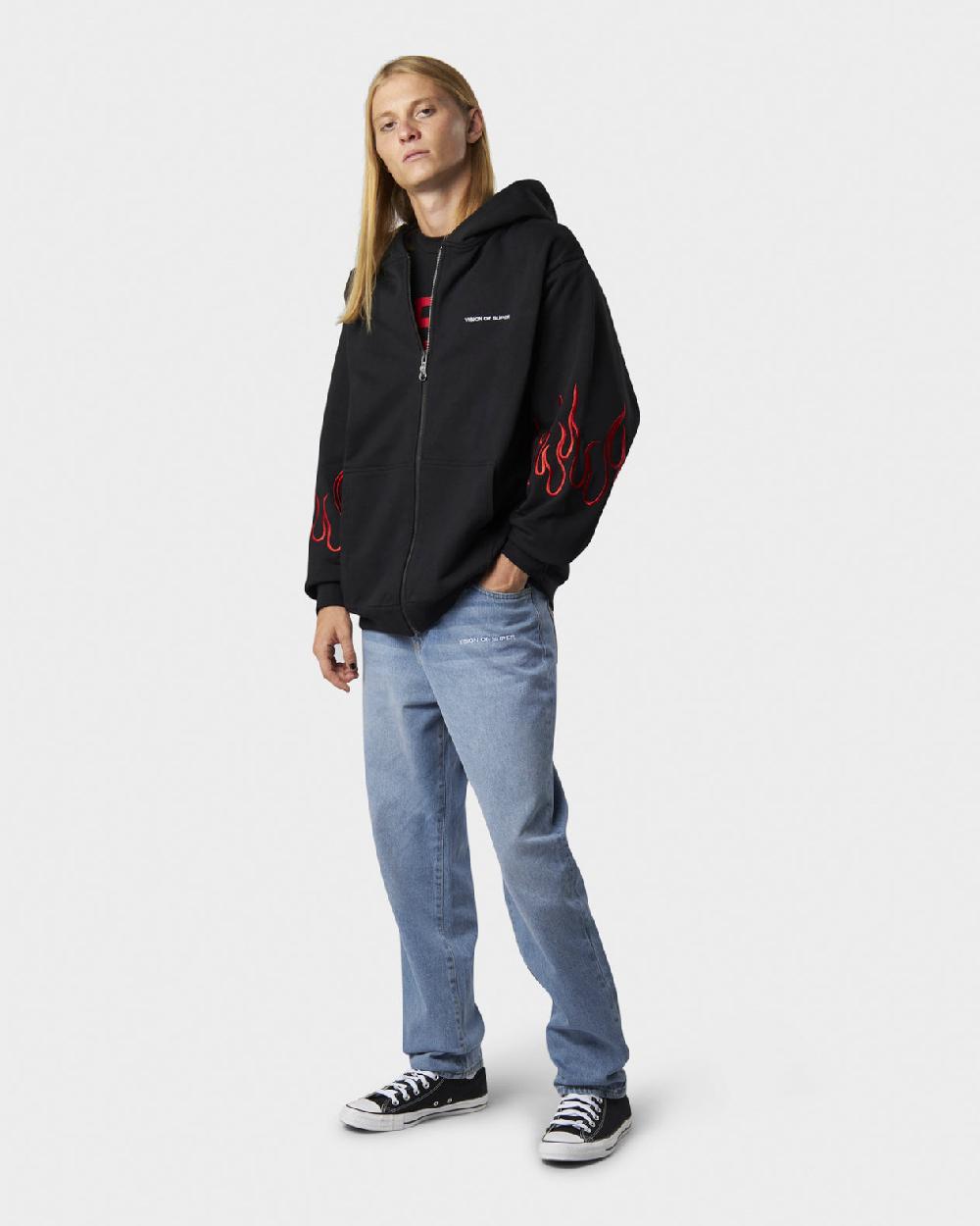Vision Of Super BLACK HOODIE ZIP WITH EMBROIDERED WHITE LOGO EMBROIDERED RED FLAMES AND METAL LABEL + BUTTON Outlet