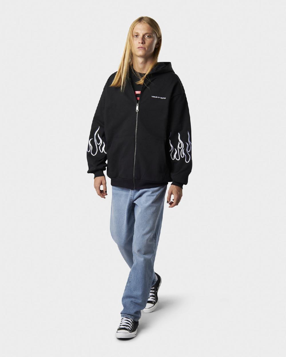 Vision Of Super BLACK HOODIE ZIP WITH EMBROIDERED WHITE LOGO EMBROIDERED WHITE FLAMES AND METAL LABEL + BUTTON In Vendita