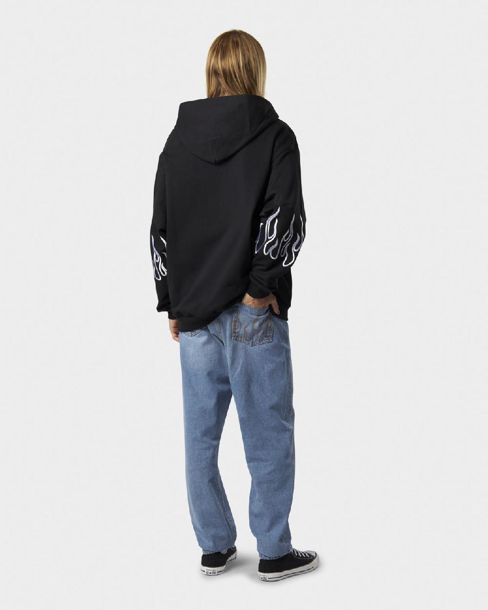 Vision Of Super BLACK HOODIE ZIP WITH EMBROIDERED WHITE LOGO EMBROIDERED WHITE FLAMES AND METAL LABEL + BUTTON In Vendita