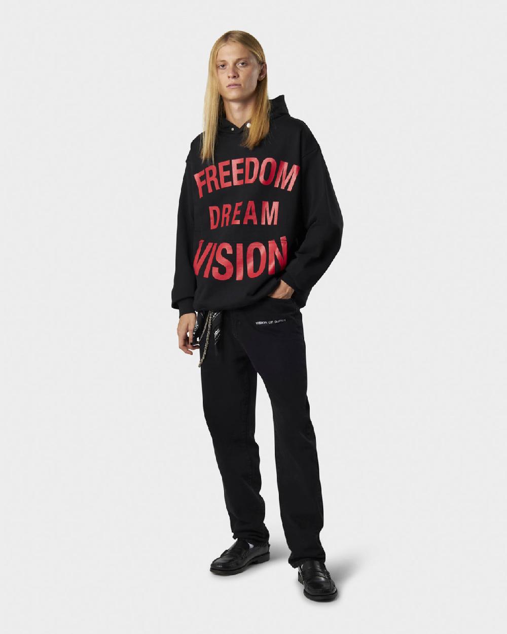 Vision Of Super BLACK HOODIE WITH FREEDOM PRINT METAL LABEL AND BUTTON Saldi
