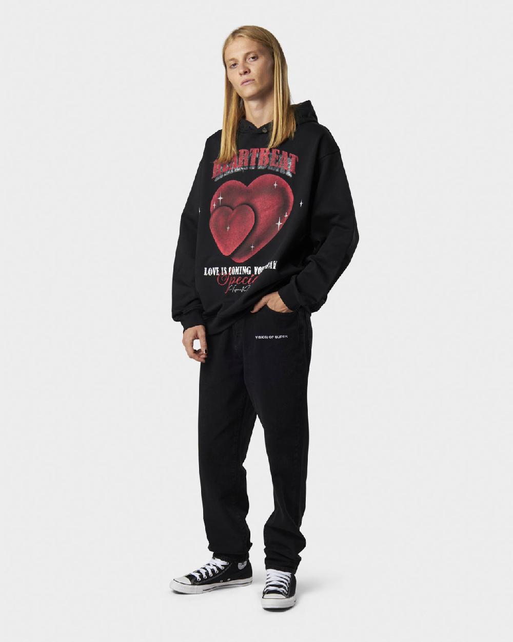 Vision Of Super BLACK HOODIE WITH HEARTBEAT PRINT ON FRONT AND METAL LABEL AND BUTTON Hotsell