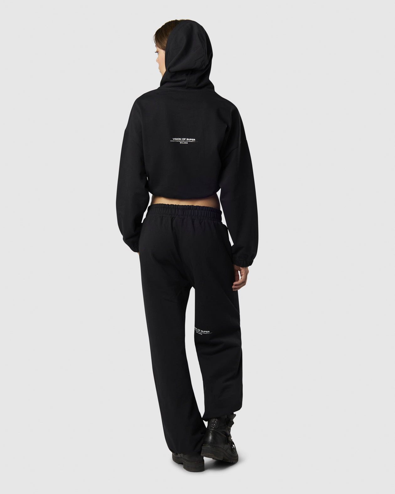 Vision Of Super BACK CROP HOODIE WITH EMBROIDERED FLAME LOGO ON FRONT AND PRINTED LOGO ON BACK Vendita Economica