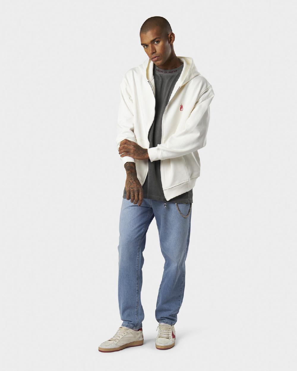 Vision Of Super WHITE HOODIE ZIP WITH RED FLAMES METAL LABEL AND PRINTED LOGO Saldi Di Fabbrica