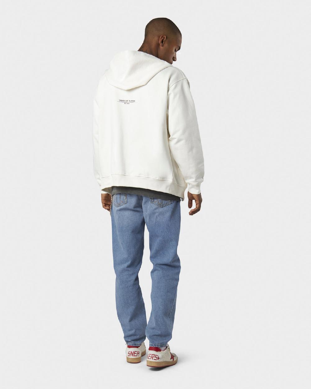 Vision Of Super WHITE HOODIE ZIP WITH RED FLAMES METAL LABEL AND PRINTED LOGO Saldi Di Fabbrica