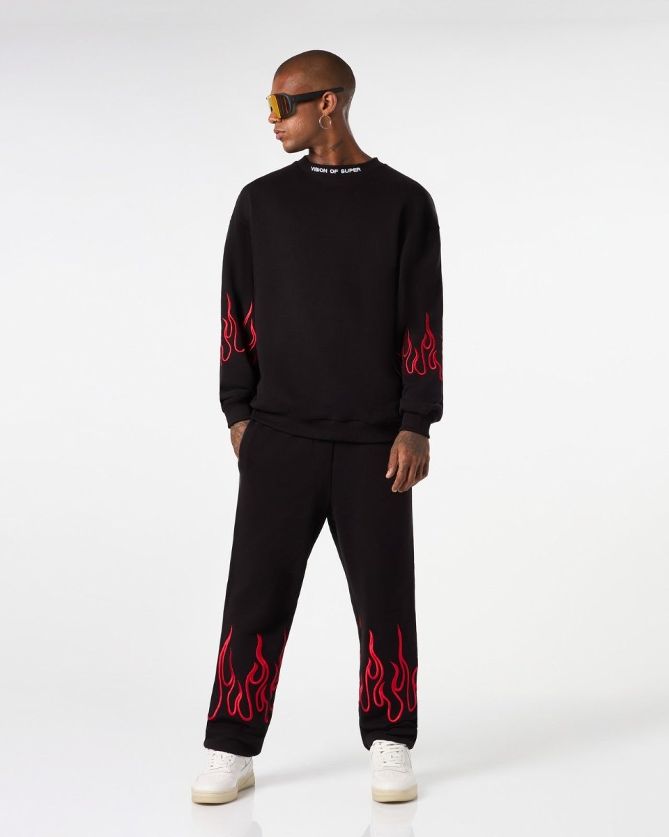 Vision Of Super BLACK CREWNECK WITH RED EMBROIDERED FLAMES Italia