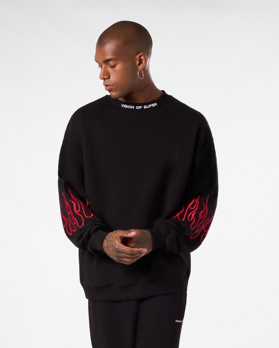 Vision Of Super BLACK CREWNECK WITH RED EMBROIDERED FLAMES Italia