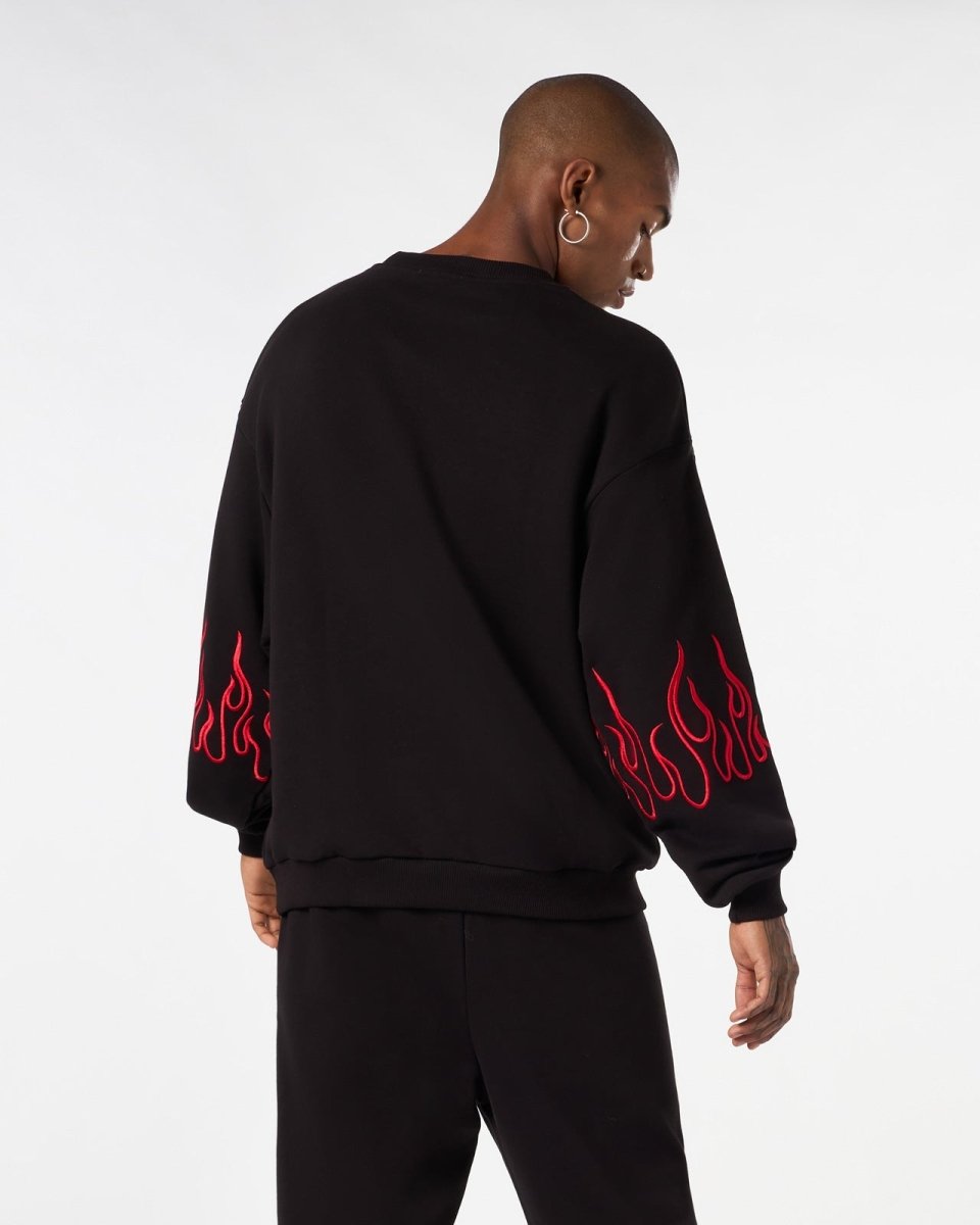 Vision Of Super BLACK CREWNECK WITH RED EMBROIDERED FLAMES Italia