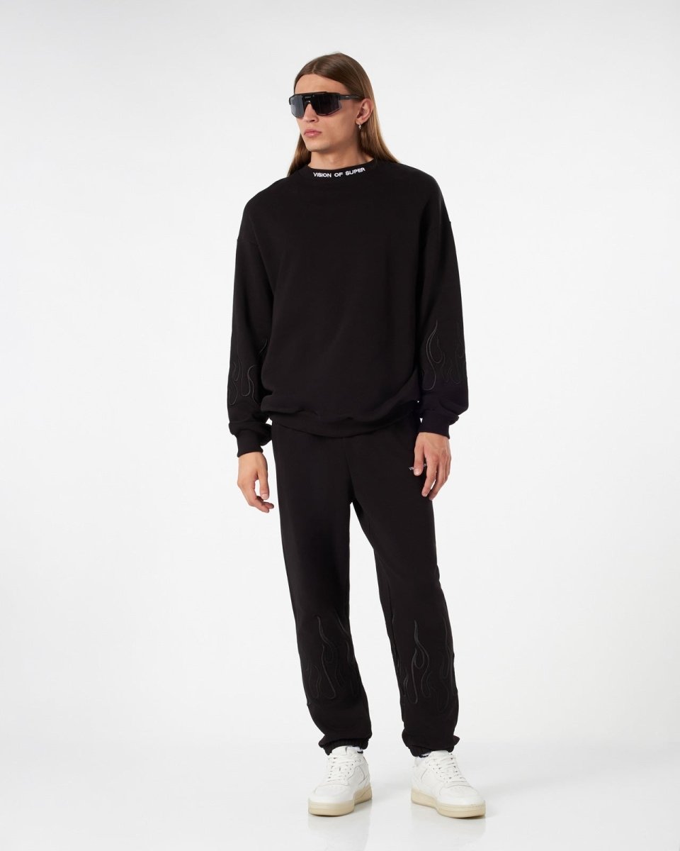 Vision Of Super BLACK CREWNECK WITH BLACK EMBROIDERED FLAMES 2025