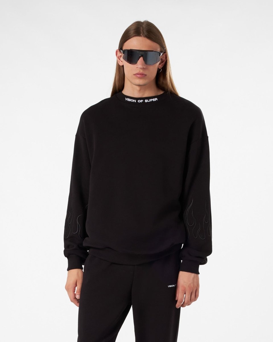 Vision Of Super BLACK CREWNECK WITH BLACK EMBROIDERED FLAMES 2025