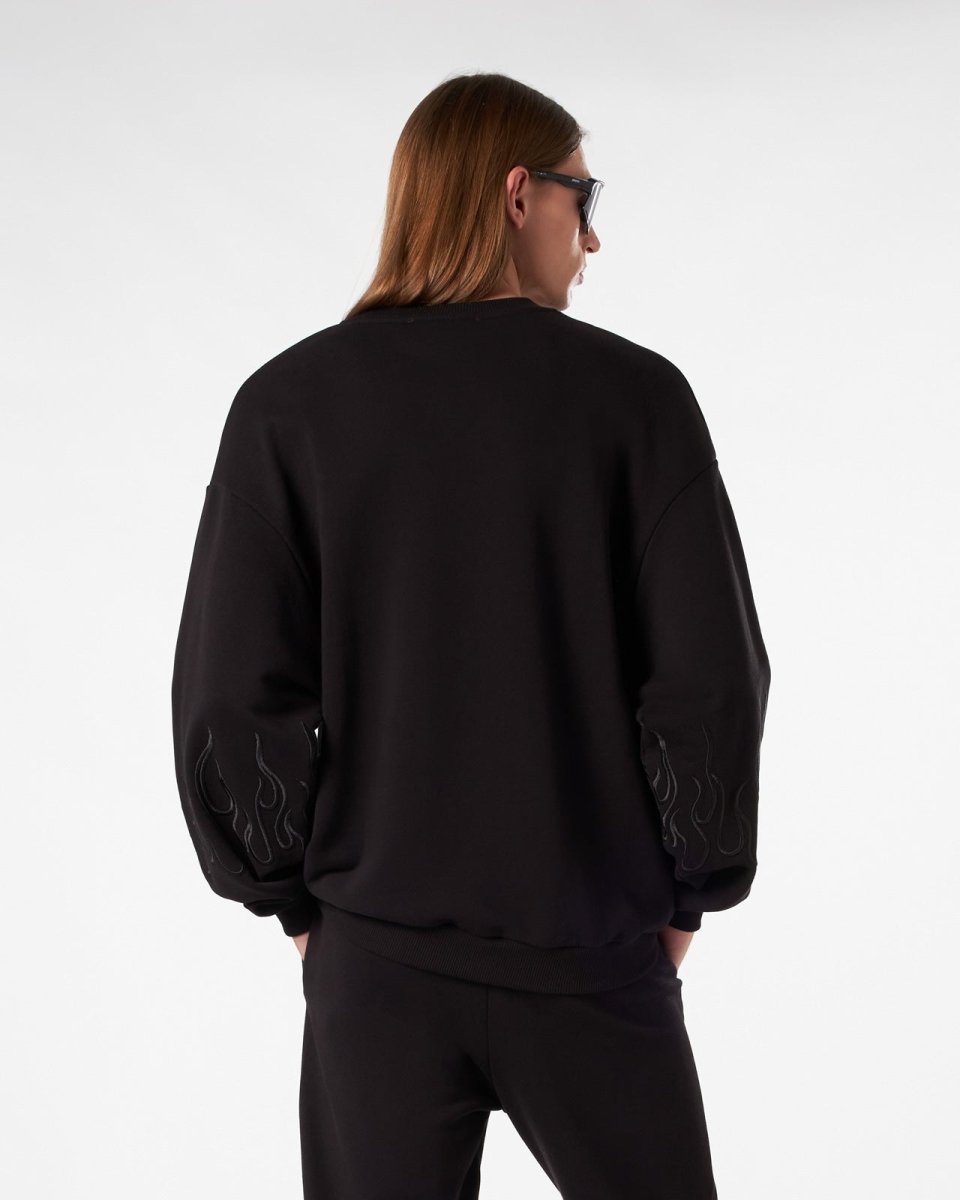 Vision Of Super BLACK CREWNECK WITH BLACK EMBROIDERED FLAMES 2025