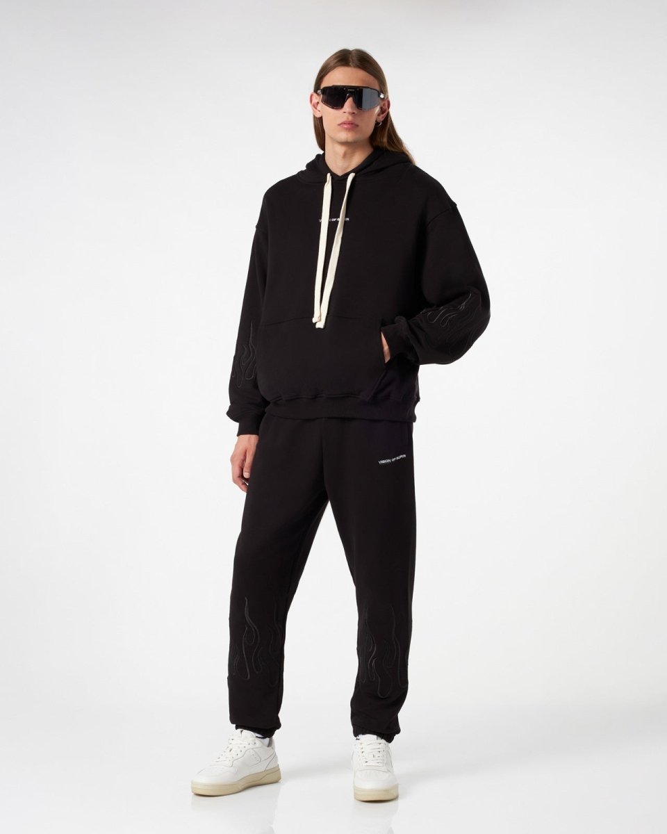 Vision Of Super BLACK HOODIE WITH BLACK EMBROIDERED FLAMES In Linea
