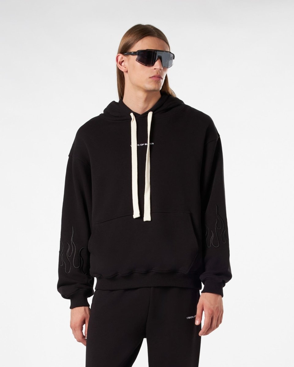 Vision Of Super BLACK HOODIE WITH BLACK EMBROIDERED FLAMES In Linea