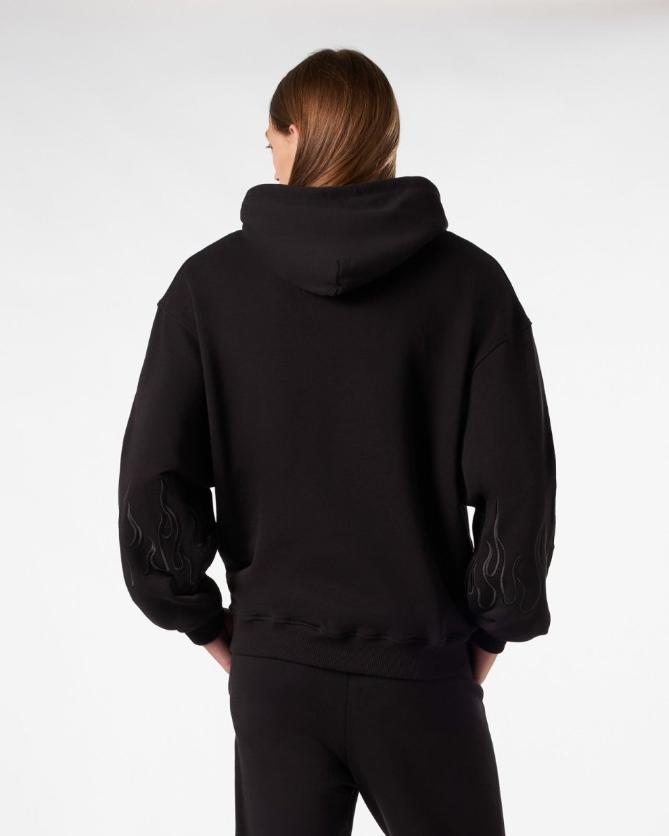 Vision Of Super BLACK HOODIE WITH BLACK EMBROIDERED FLAMES In Linea
