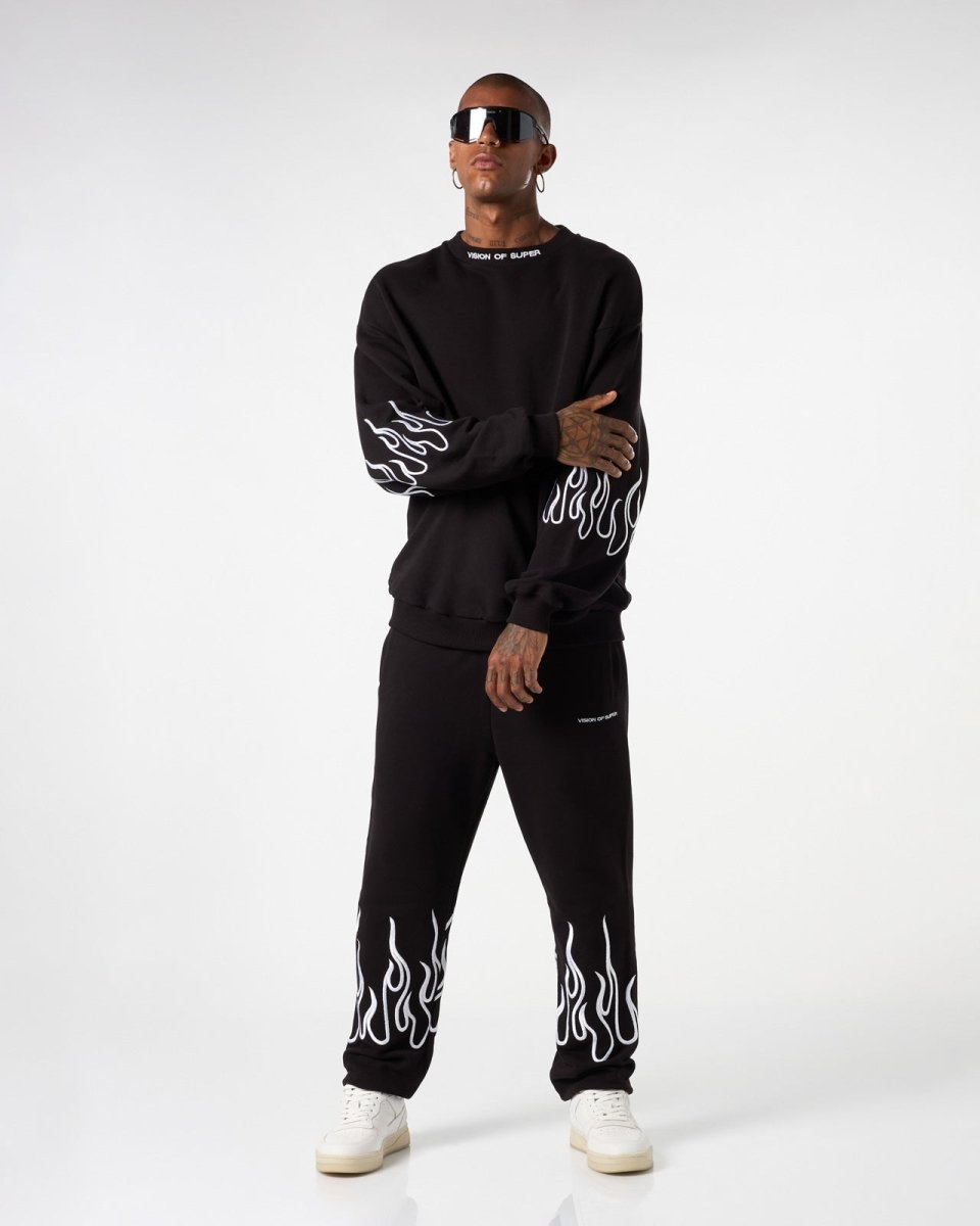 Vision Of Super BLACK CREWNECK WITH WHITE EMBROIDERED FLAMES Nuovo