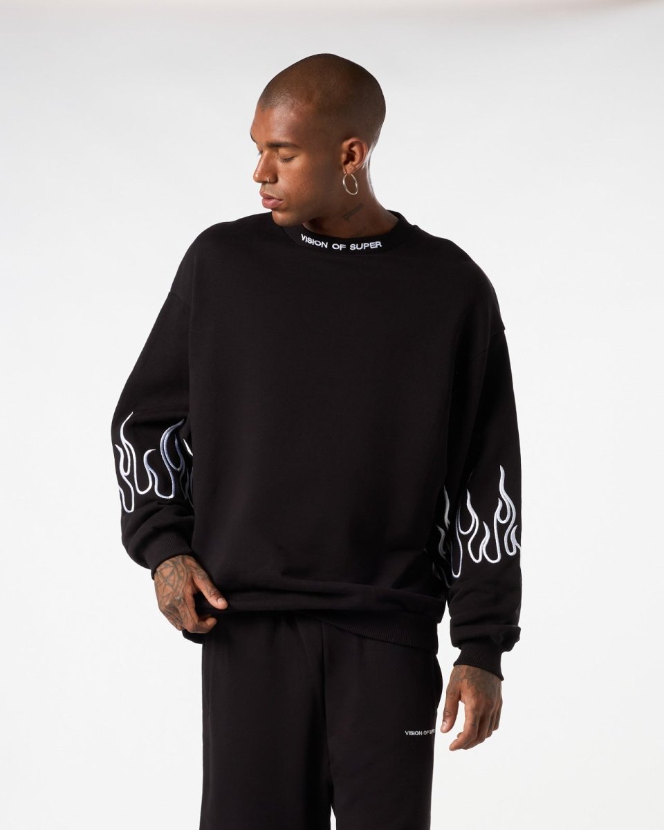 Vision Of Super BLACK CREWNECK WITH WHITE EMBROIDERED FLAMES Nuovo