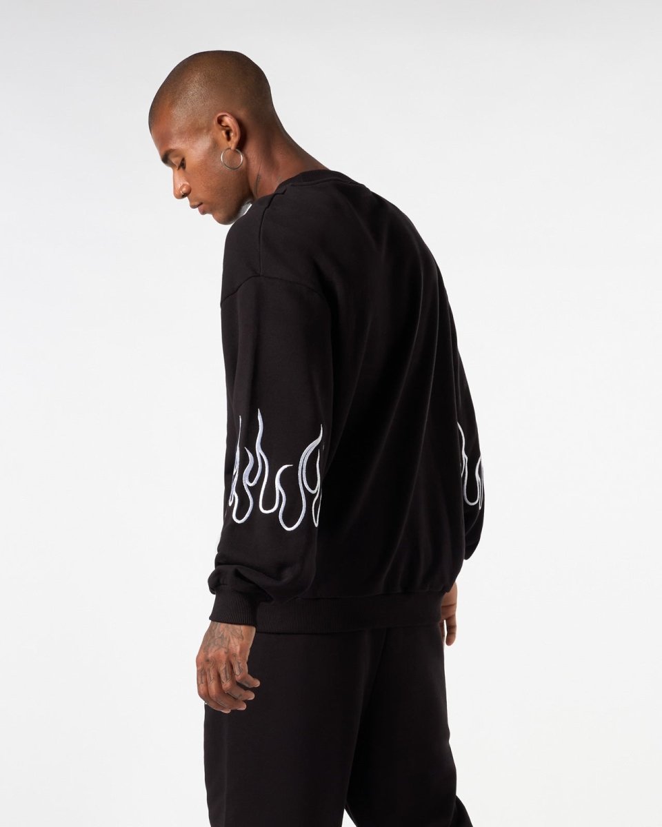 Vision Of Super BLACK CREWNECK WITH WHITE EMBROIDERED FLAMES Nuovo