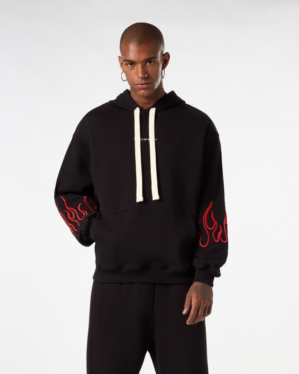 Vision Of Super BLACK HOODIE WITH RED EMBROIDERED FLAMES Vendita