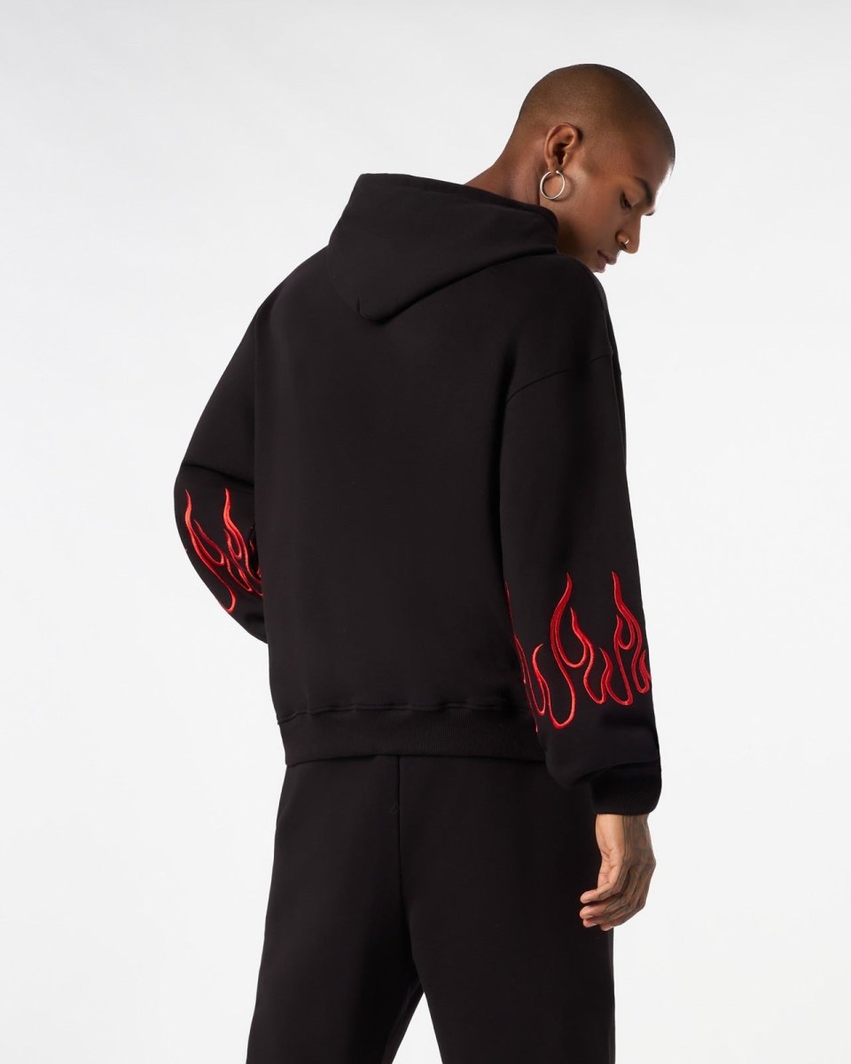 Vision Of Super BLACK HOODIE WITH RED EMBROIDERED FLAMES Vendita