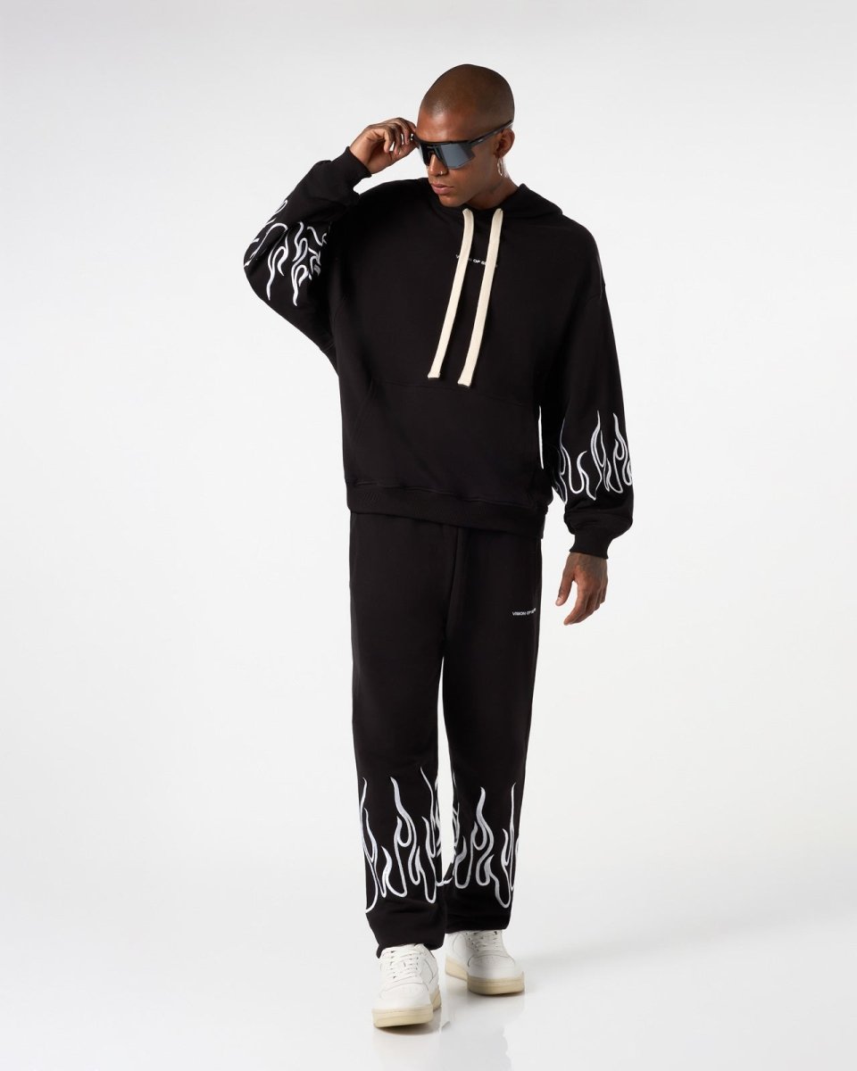 Vision Of Super BLACK HOODIE WITH WHITE EMBROIDERED FLAMES Promozione