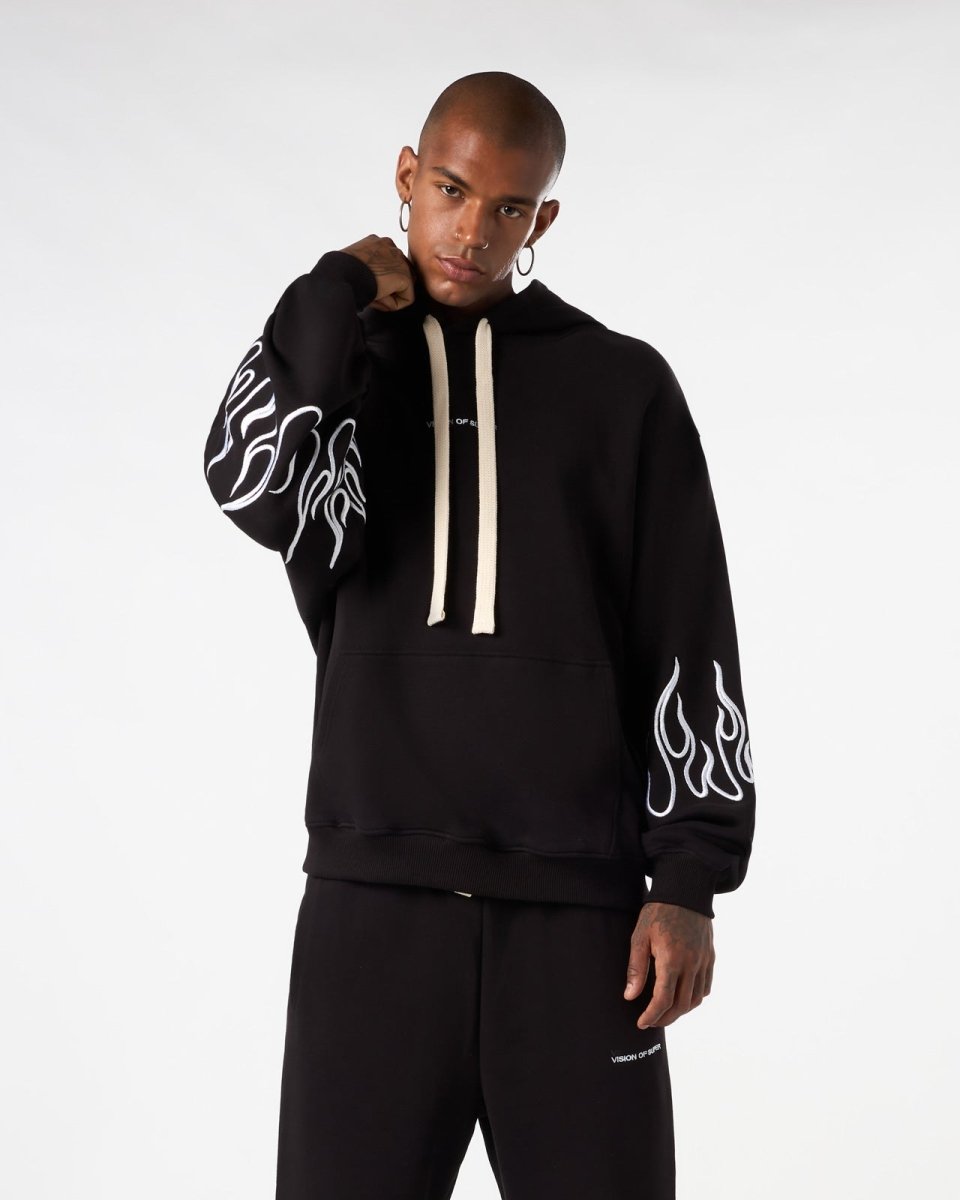 Vision Of Super BLACK HOODIE WITH WHITE EMBROIDERED FLAMES Promozione
