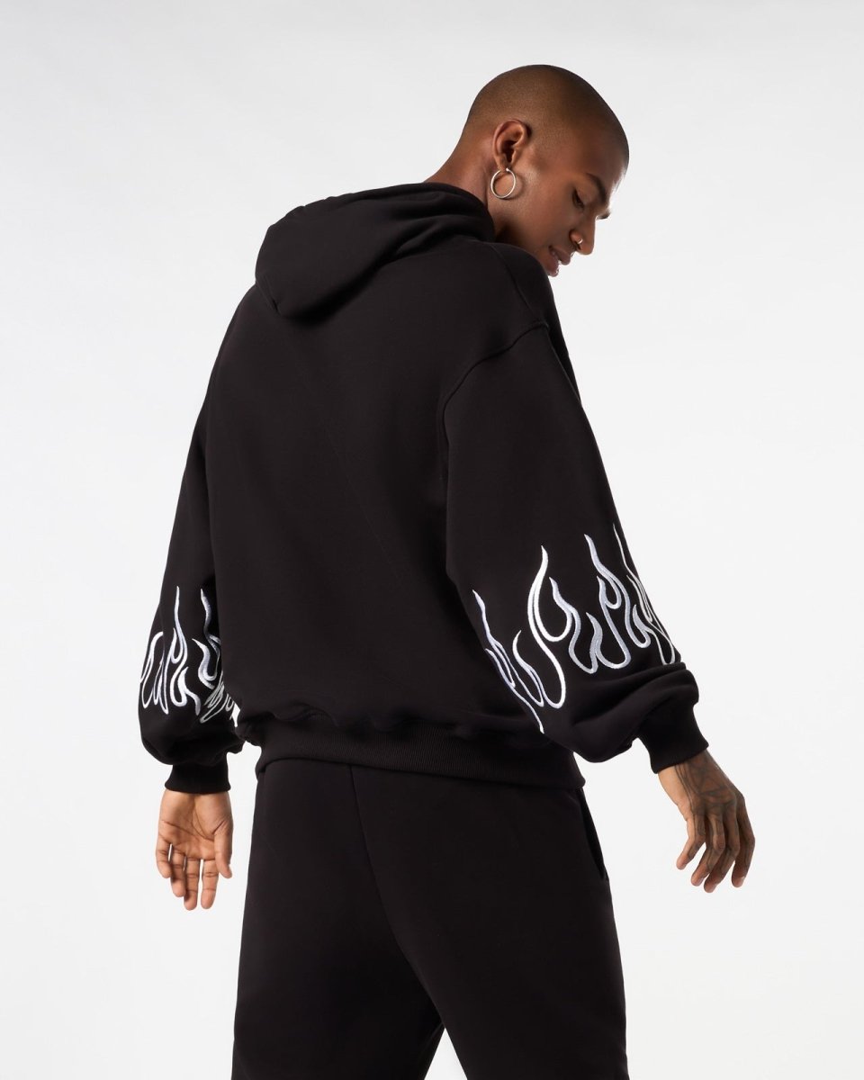 Vision Of Super BLACK HOODIE WITH WHITE EMBROIDERED FLAMES Promozione