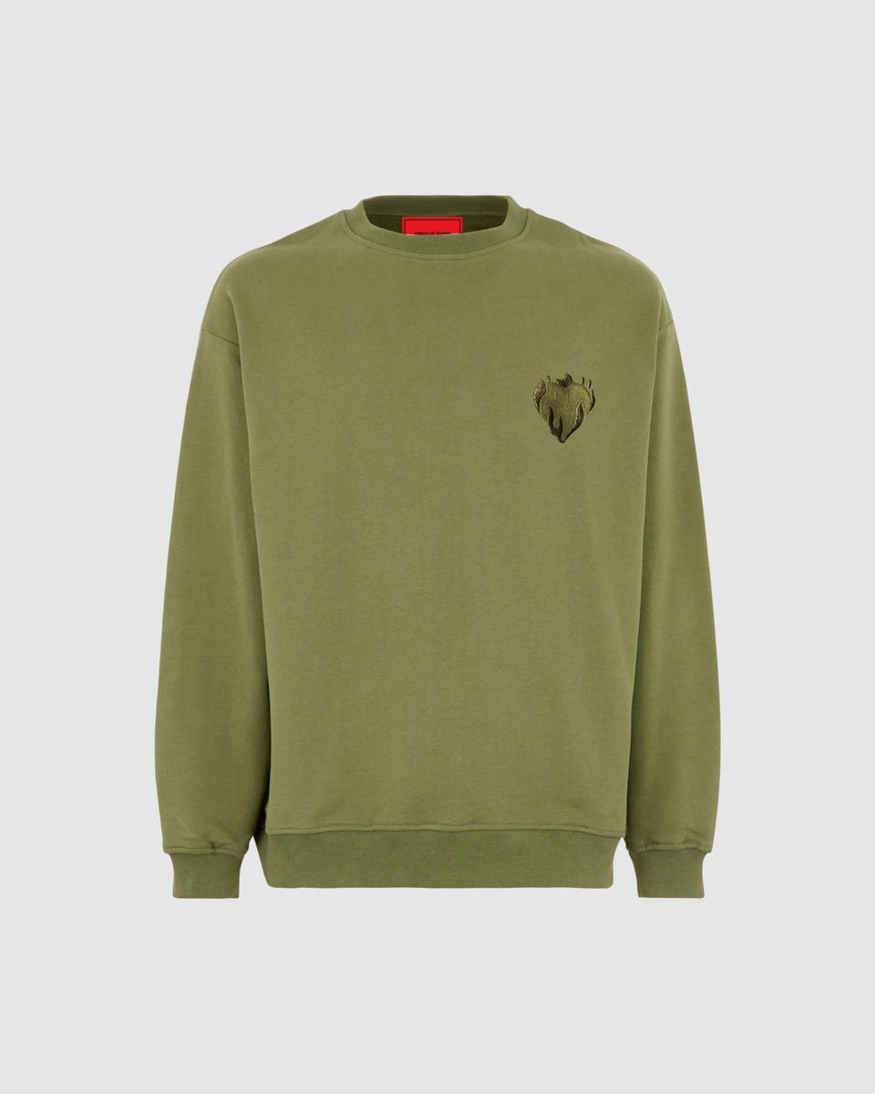Vision Of Super GREEN CREWNECK WITH EMBROIDERED FLAMING HEART Qualità Garantita