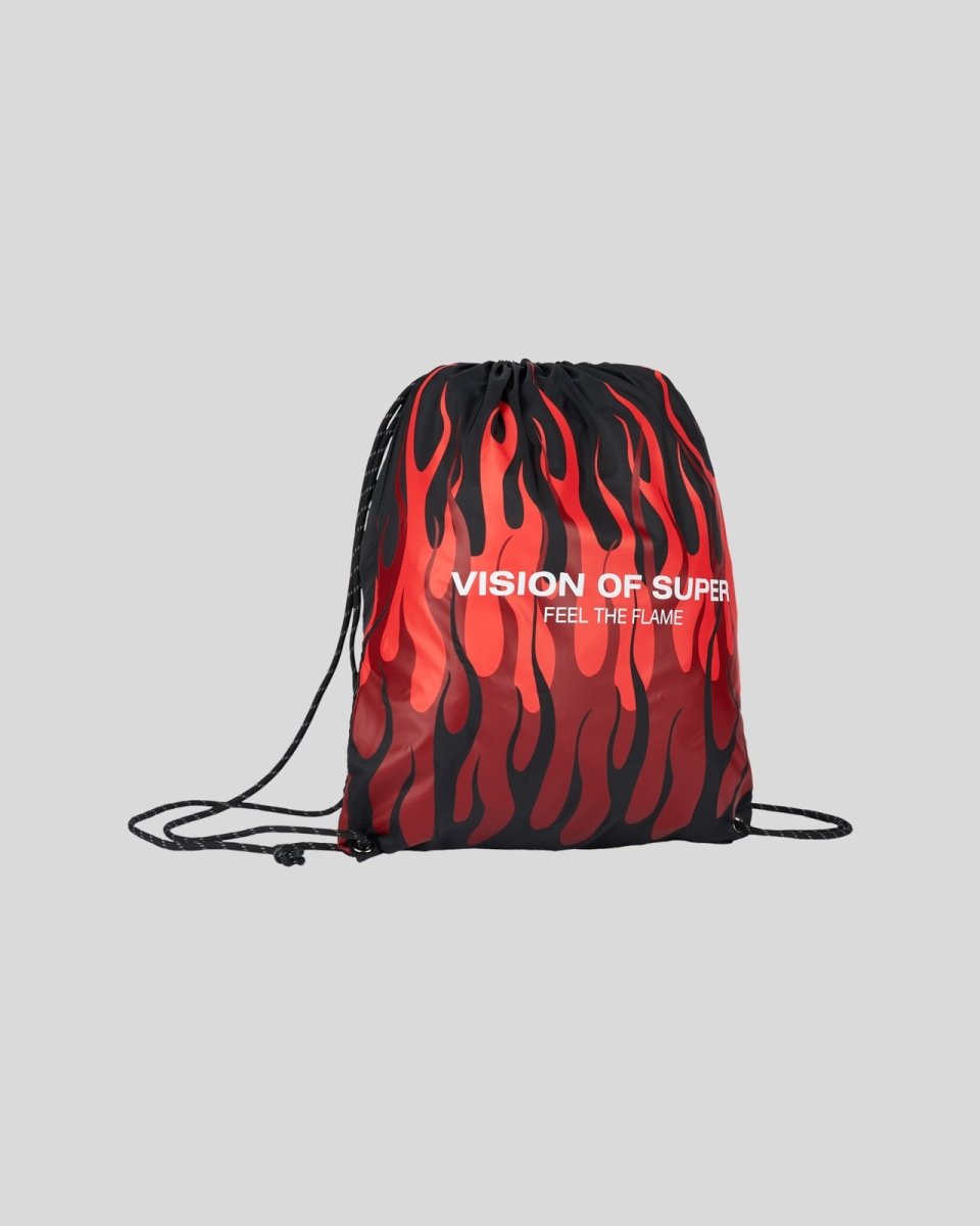 Vision Of Super BLACK DRAWSTRING BACKPACK WITH TRIPLE FLAMES AND LOGO PRINT Economico