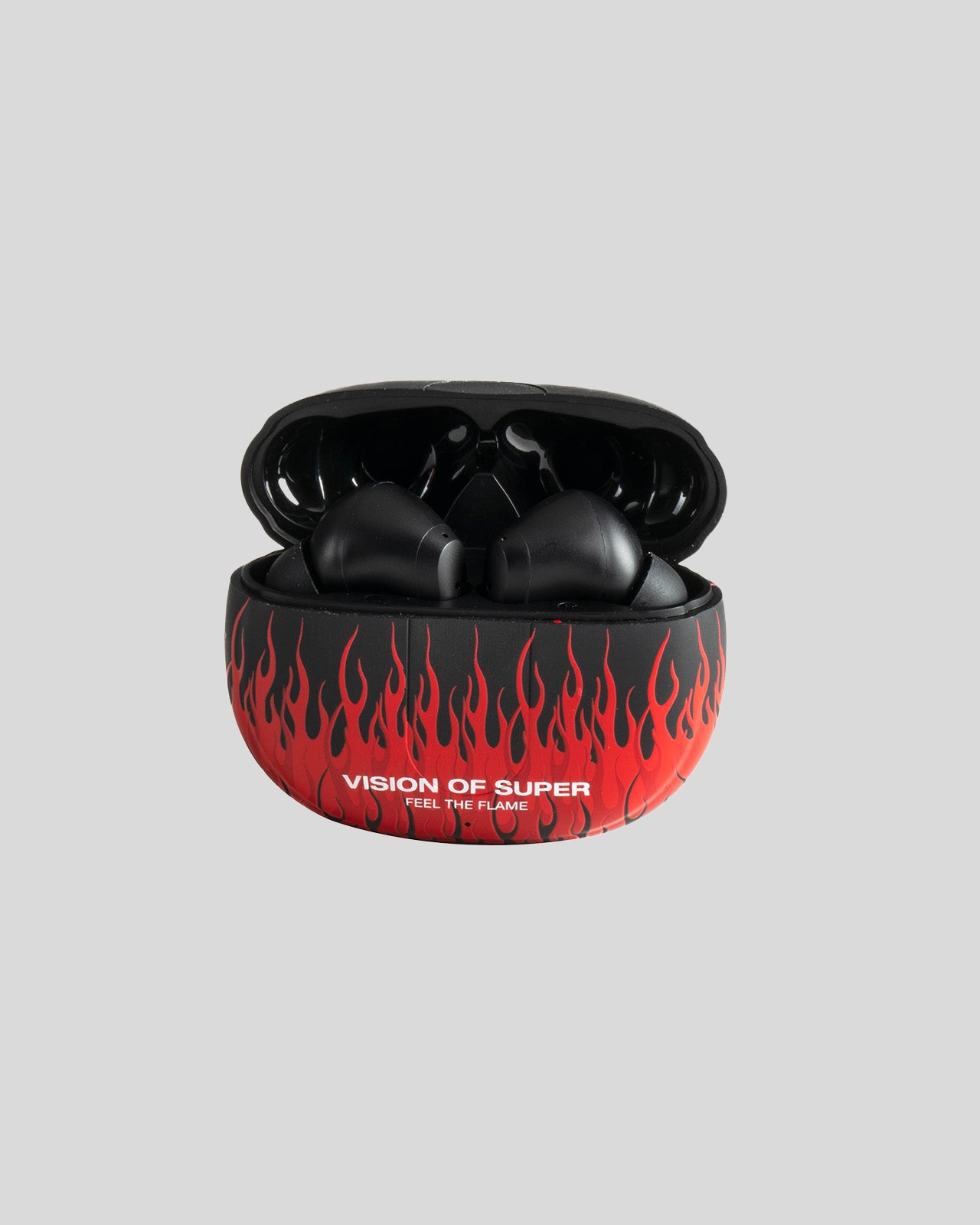 Vision Of Super BLACK EARPHONES WITH RED FLAMES AND WHITE LOGO Saldi