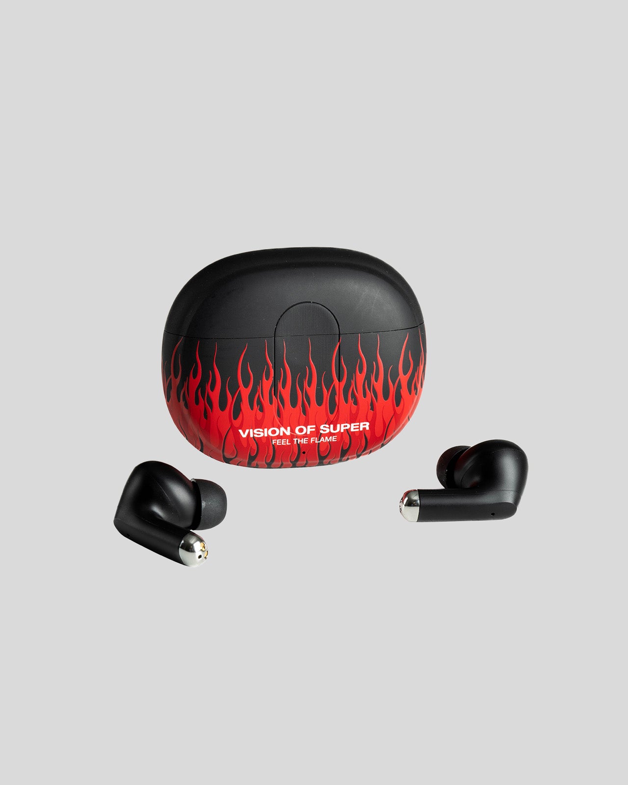 Vision Of Super BLACK EARPHONES WITH RED FLAMES AND WHITE LOGO Saldi