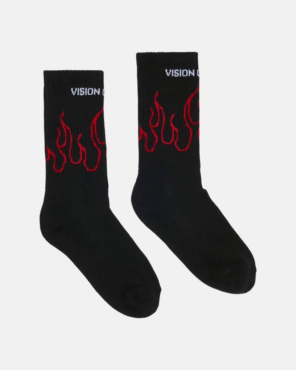Vision Of Super BLACK SOCKS WITH RED OUTLINE FLAMES Saldi Di Fabbrica