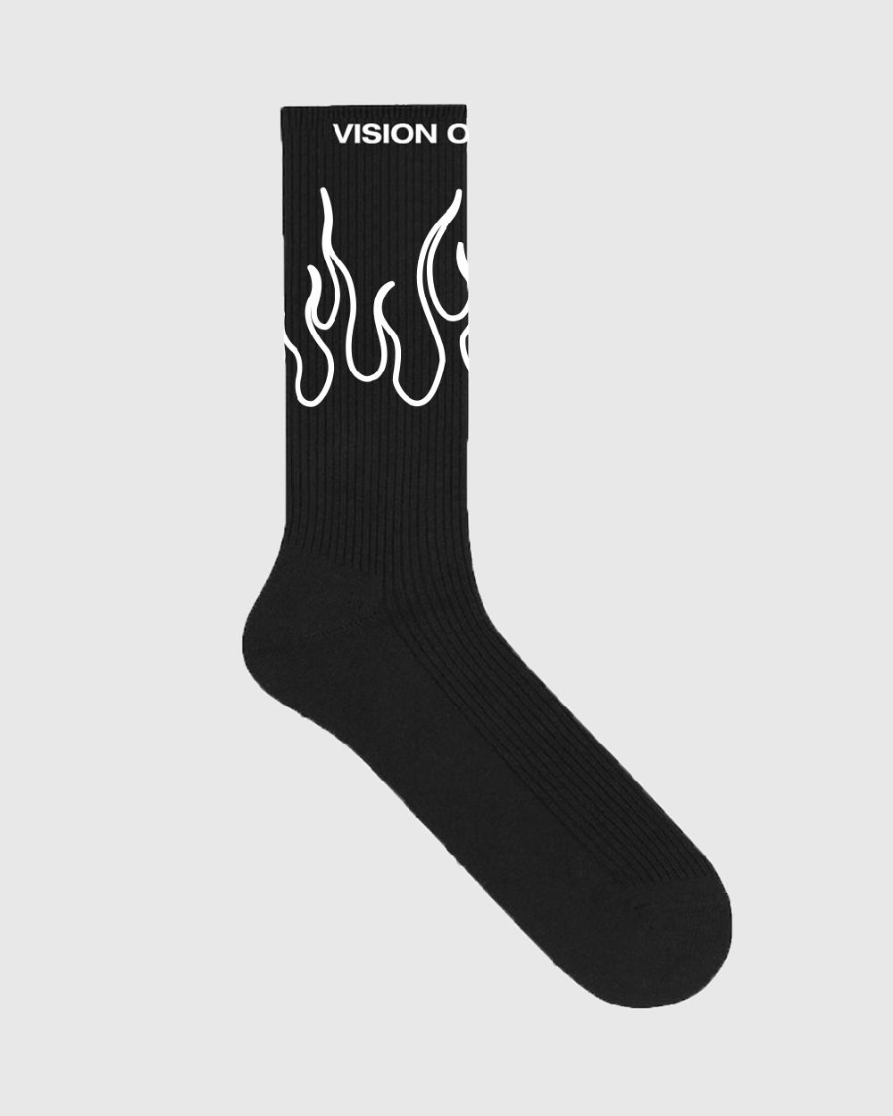 Vision Of Super BLACK SOCKS WITH WHITE OUTLINE FLAMES Vendite Flash