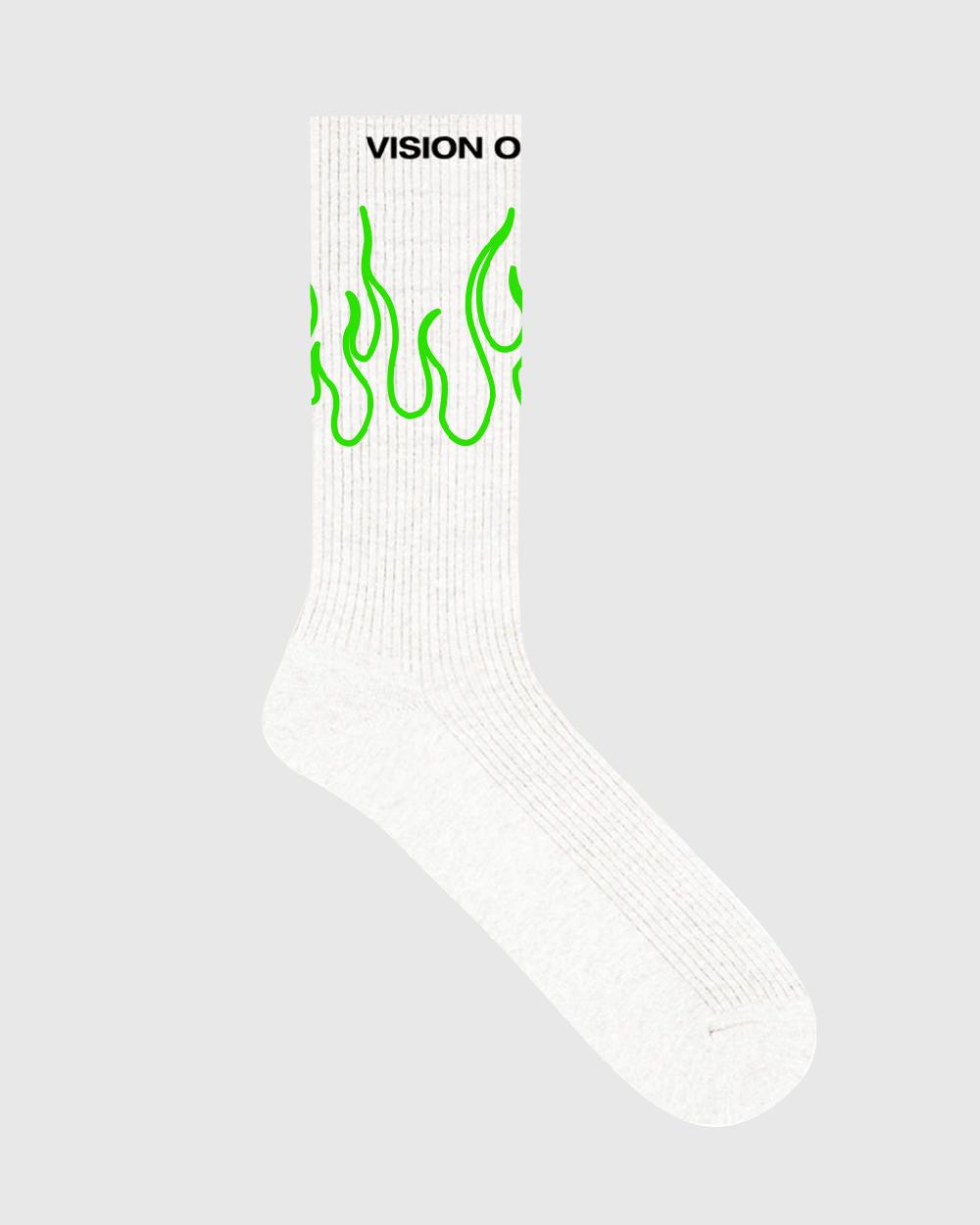 Vision Of Super WHITE SOCKS WITH GREEN OUTLINE FLAMES Negozio