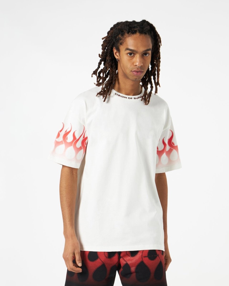 Vision Of Super WHITE T-SHIRT WITH RED FLAMES Nuovo
